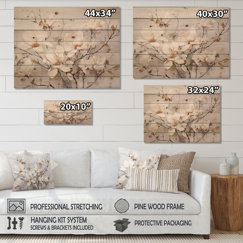 White Elegance In Magnolias - Magnolias Wood Wall Art On Natural Pine Wood, 30" H x 40" W