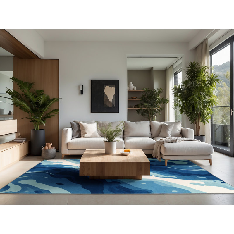 Soft Plush Eiler Modern & Contemporary Abstract Area Rug in Blue – BabyBlue Binding, 7' Square