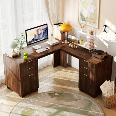 59.8" L-Shaped Wood Desk Built in Outlets with 6 Storage Drawers
