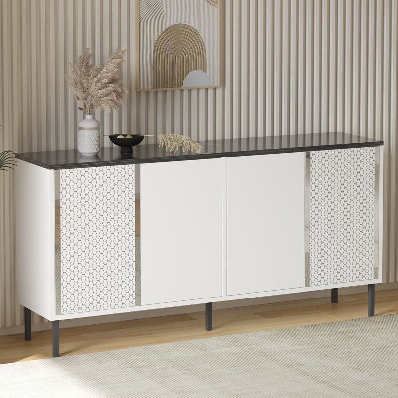 Console moderne avec pieds en métal, blanc et royal, 59,1 po x 29,5 po x 14,2 po | 100% panneau de particules enduit de mélamine, 0,7 po d'épaisseur | Fixation murale, portes à pousser, tablettes multiples, design industriel