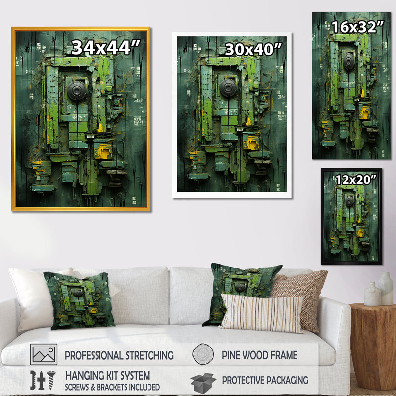 «Green Maya Shapes Mask II» - Décoration murale abstraite, Cadre flottant doré, H 20 po x l 12 po x P 1 po
