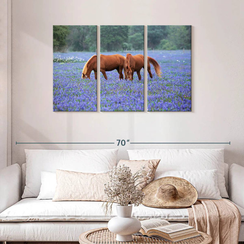 Brampt Horses Grazing Among Bluebonnets, 28" H x 45" W