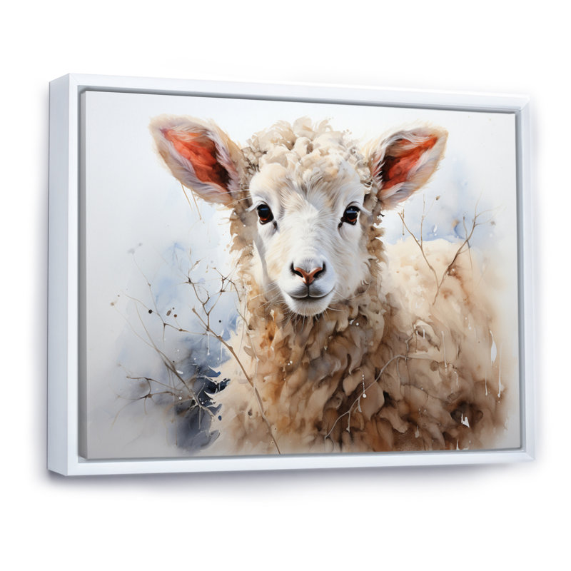 Mouton beige en hiver sur toile, H 30 po x l 40 po x P 1,5 po, Cadre flottant blanc