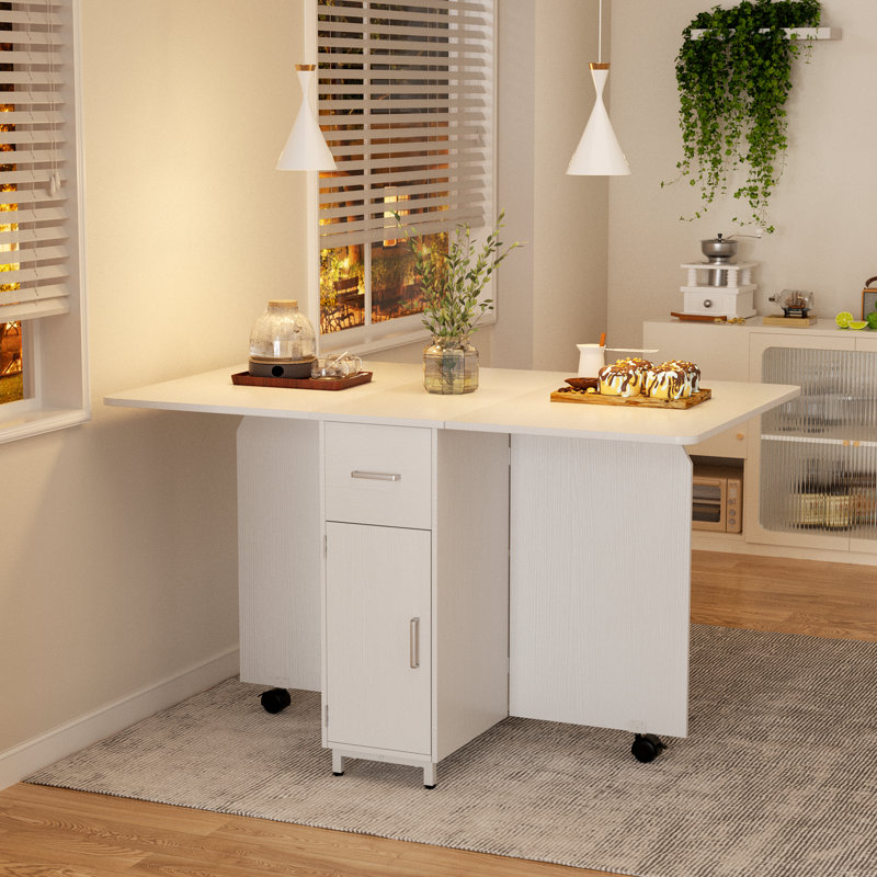 Folding Dining Table with Drawers and Cabinets, White