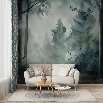Misty Forest Wall Mural, Moody Watercolor Woodland Wallpaper With Foggy Trees, Modern Nature Wall Art For Living Room Dining Room Bedroom