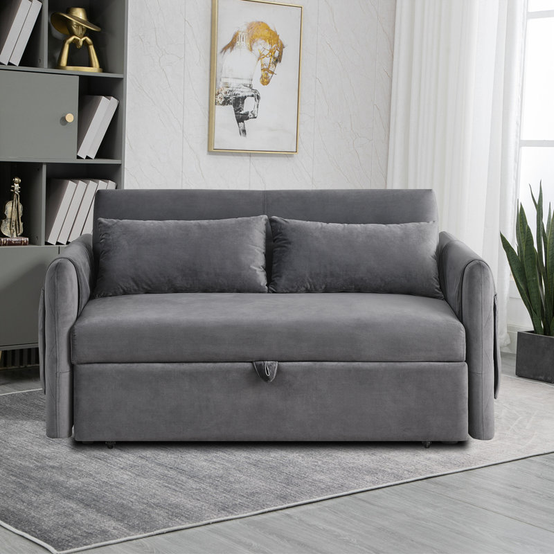 Velvet Sofa Bed with Two Pillows and Adjustable Backrest, Gray Velvet