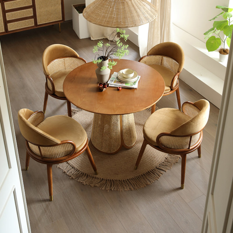 Table de salle à manger ronde 31,50 "en bois massif minimaliste moderne avec détails en rotin, 29.53" H x 31.50" W x 31.50" D