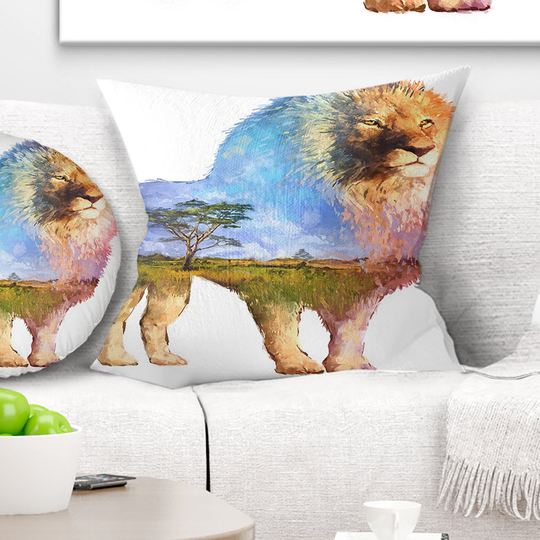 Lion double exposition - coussin imprimé animal, 16 po x 1 po, Coussin décoratif