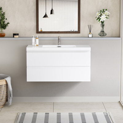 42" Floating Bathroom Vanity With Sink, Modern Wall-Mounted Bathroom Storage Vanity Cabinet With Resin Top Basin And Soft Close Drawers, Glossy White 24V11-42GW