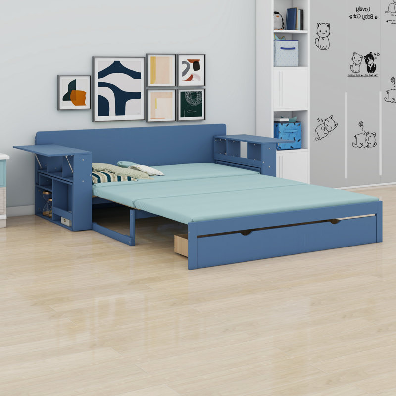 Lit de jour avec bureau amovible, tiroirs de rangement et table d'appoint hydraulique, Bleu, Grand lit