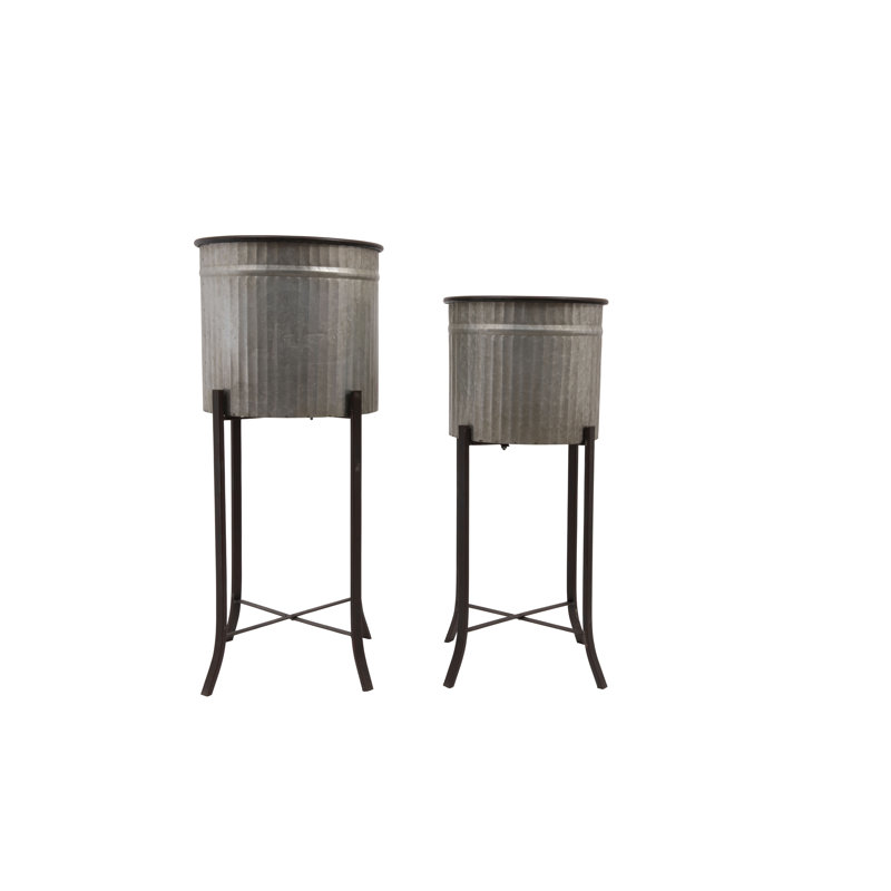 2‑Piece Round Corrugated Metal Planters on Stands, Silver