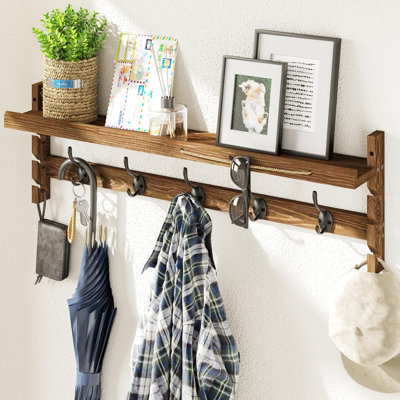 Wall Hooks with Shelf 28.9inch Entryway Wall Hanging Shelf, Wood Coat Hooks, Coat Rack Wall Mount Rack with 5 Dual Hooks, Glasses Organizer and Hat Or