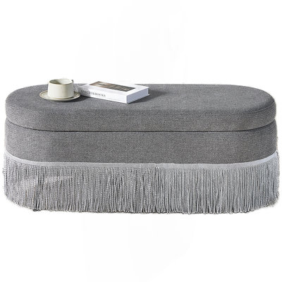 Oval Upholstered Storage Ottoman With Fringe Trim & Lift-Top Lid, Multi-Functional Footrest & Hidden Storage