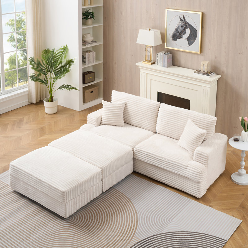 89" Modern 3 Seat Sofa Upholstered Corduroy Couch With Throw Pillows And Ottoman Suitable For Living Room, Bedroom, Office