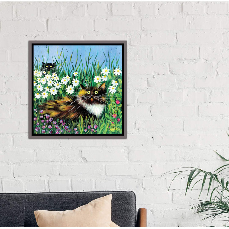 «Flower Prowler» par Kim Haskins - impression d'art graphique, Toile encadrée de bois rustique foncé