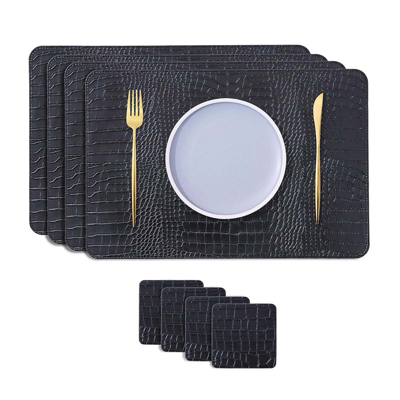 Placemat - For Office Conference Table, 8-Piece Set, Heat Resistant And Waterproof Table Runner Kitchen Table Runner, 11.8" X 17.6". (Black Crocodile Pattern)