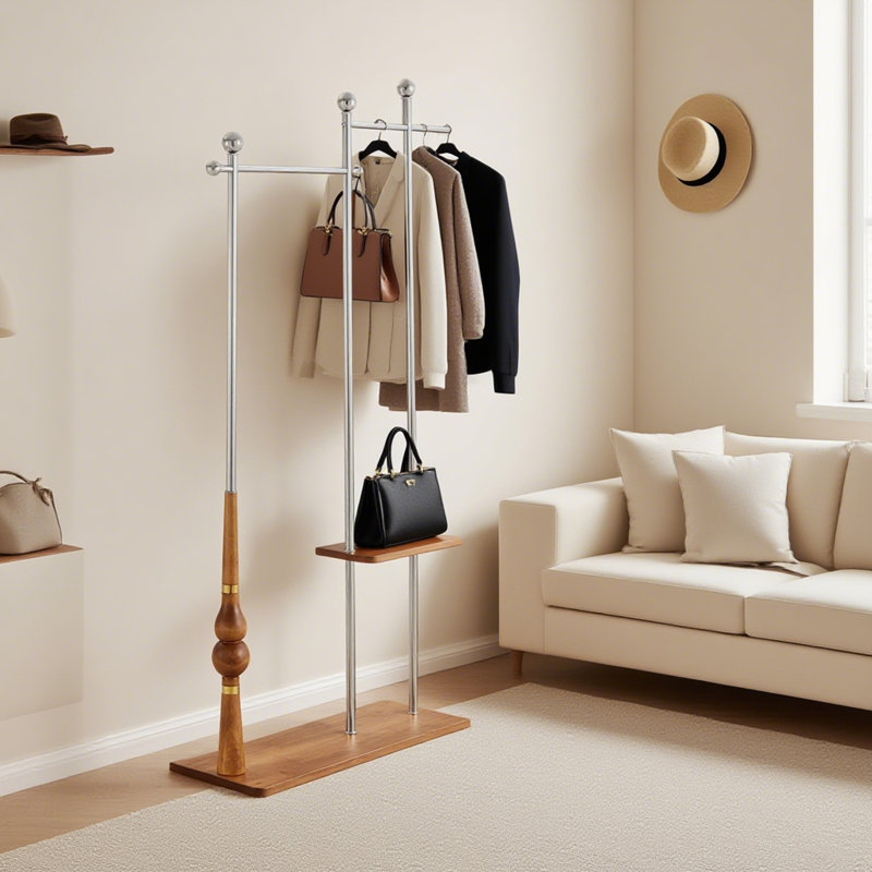 Solid Wood & Stainless Steel Freestanding Coat Rack Hanger With Storage, Silver