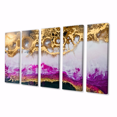 Or blanc et fuchsia époxy, art moderne sur toile - 60 x 28 - 5 panneaux