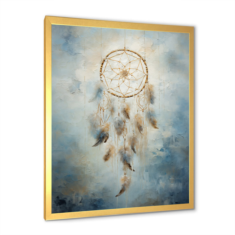 «Tranquility White and Blue Dreamcatcher II», reproduction sur toile, Cadre doré simple, H 40 po x l 30 po x P 1,5 po