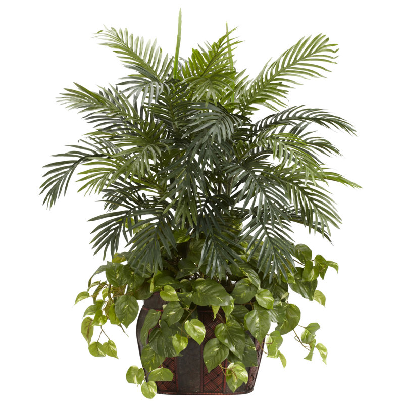Double 4,5 pi Areca avec vase et plante en soie Pothos, H 42 po x l 32 po x P 32 po