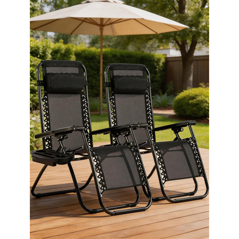Zero-Gravity Lawn Lounge Chair Two-Piece Set, Includes Pillow And Cup Holder, Adjustable Angle, Suitable For Terrace, Beach, And Patio Use.