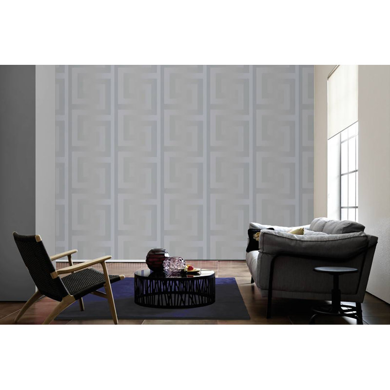 Versace Greek Key Silver Gray Vinyl Wallpaper, Silver/Gray, 33' L x 27" W
