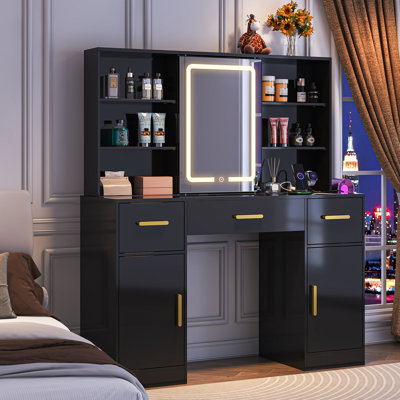 Vanity Desk With Sliding Mirror & Led Lights, 7 Open Storage Space, 3 Drawers & 2 Cabinets Large Makeup Vanity, Dressing Table With Charging Station, Hairdryer Holder, Bedroom Make Up Table