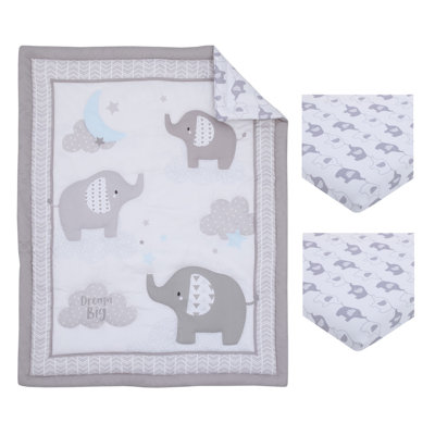 Elephant Stroll Dream Big Clouds And Stars With Chevron Border 3 Piece Nursery Mini Crib Bedding Set