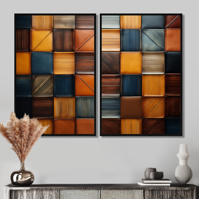 «Geometric Harmony Abstract Brown Tiles II», impressions bohémiennes et éclectiques sur toile, H 36 po x l 48 po, Noir