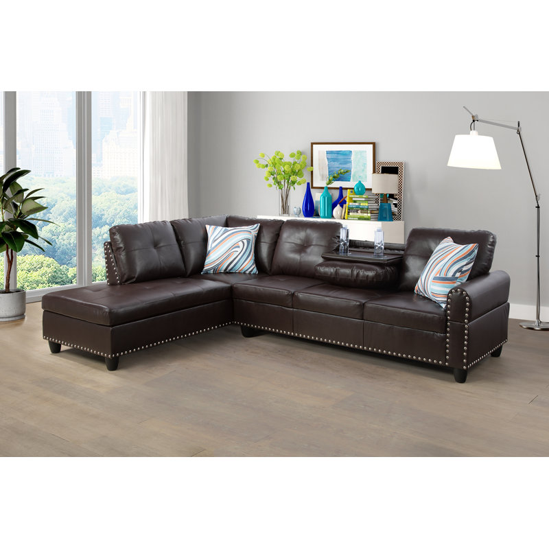Louvenia Upholstered L-Shaped Sectional, Left Hand Facing, Brown Faux Leather