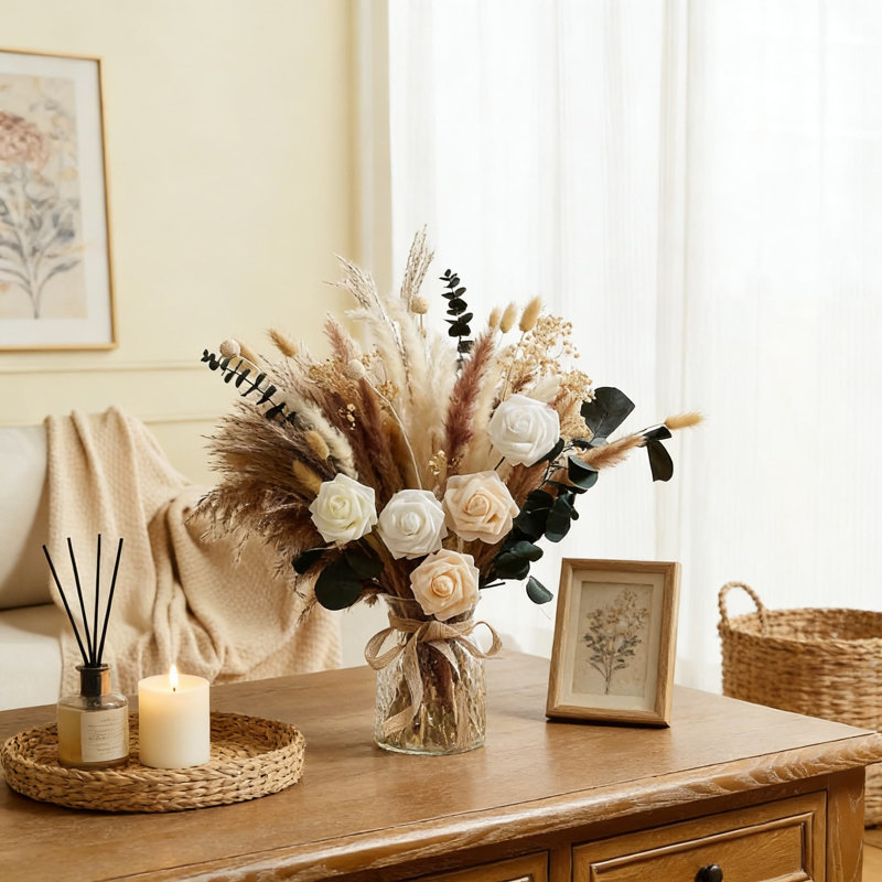 Arrangement de fleurs artificielles dans un vase avec de l'herbe de pampa séchée, centre de table floral rustique pour la maison et le bureau, décoration de table de ferme