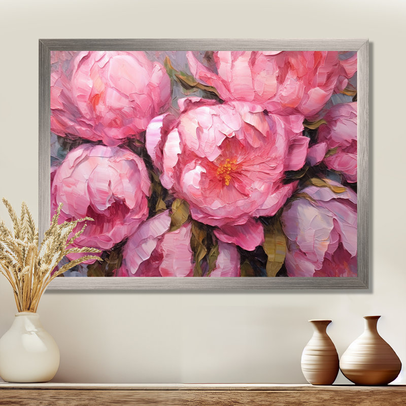 Pivoine rose I - art mural floral, H 16 po x l 32 po x P 1 po, Cadre photo argenté
