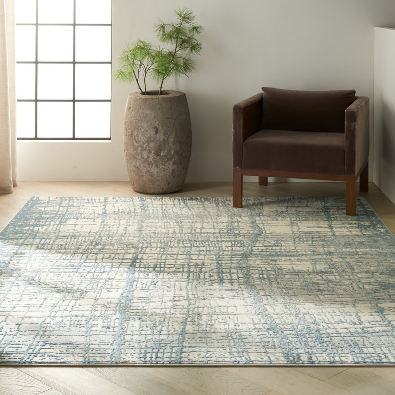 Tapis intérieur / extérieur en polypropylène tissé à la machine en ivoire / bleu, Rectangle 8 pi x 10 pi