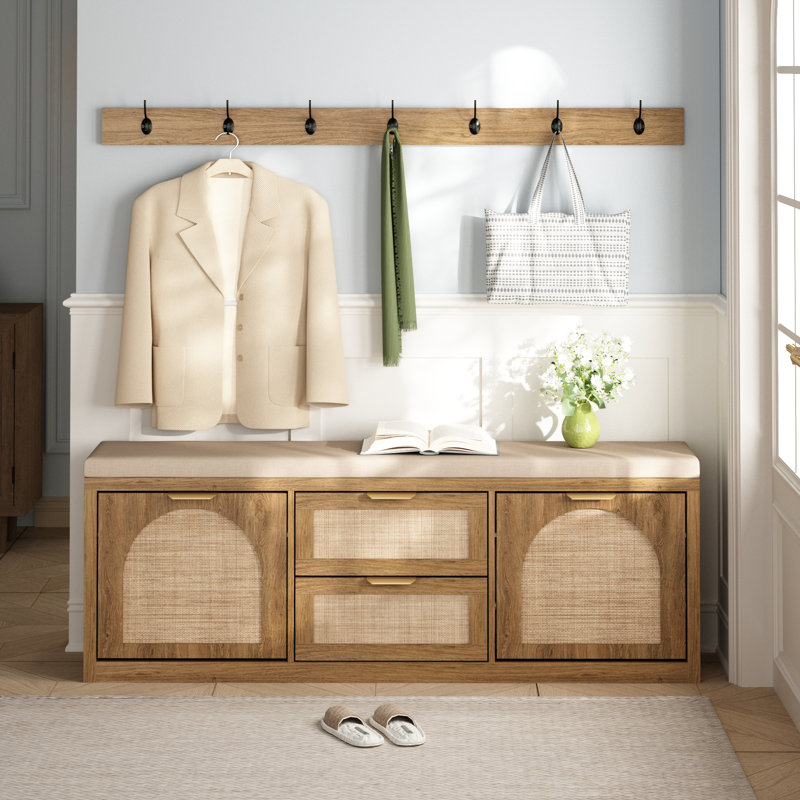 Anteus Storage Shoe Bench With Coat Rack Shoe Cabinet With Seat Cushion, Natural Wood