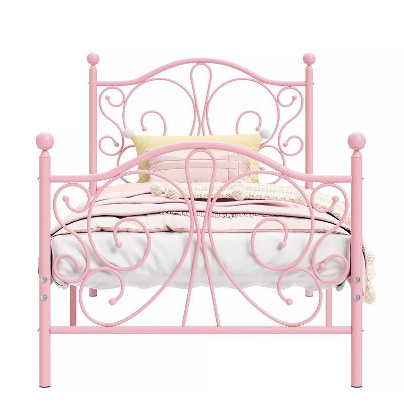 Twin Size Metal Bed Frame With Butterfly Pattern Design, Pink