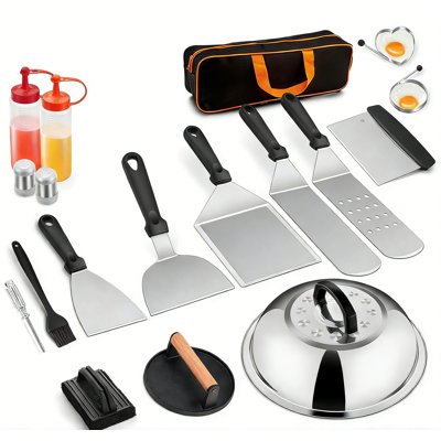 Griddle Tools Set, Heavy Duty Stainless Steel BBQ Accessories Kit With Melting Dome, Cast Iron Burger Press, 6 Versatile Spatulas, Scraper, Egg Rings,