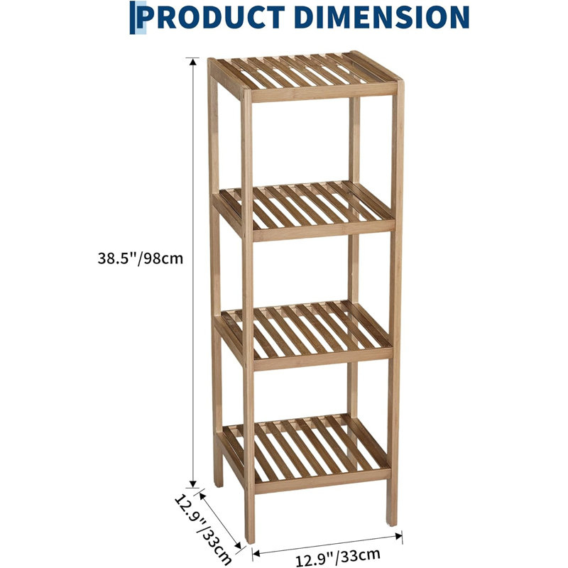 4-Tier Bamboo Shelf Narrow Bathroom Shelf with Slatted Shelves Natural Wood Plant Stand Standing Towel Rack Corner Rack for Bathroom Entryway Bedroom Kitchen Sunroom