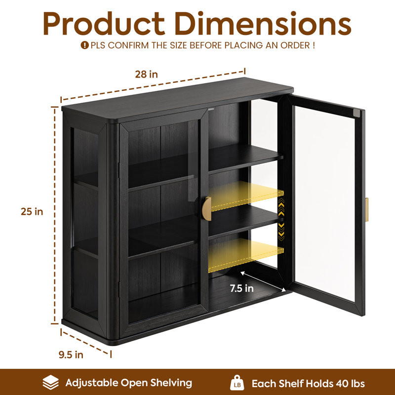 Tempered Glass Display Wall Storage Cabinet,Bathroom Wall Cabinet, Black/Gold