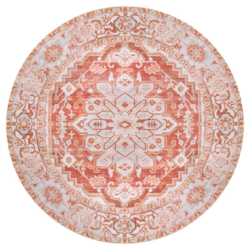 Lesak Ornate Medallion Machine-Washable Orange/Cream Rug, Round 5'3"