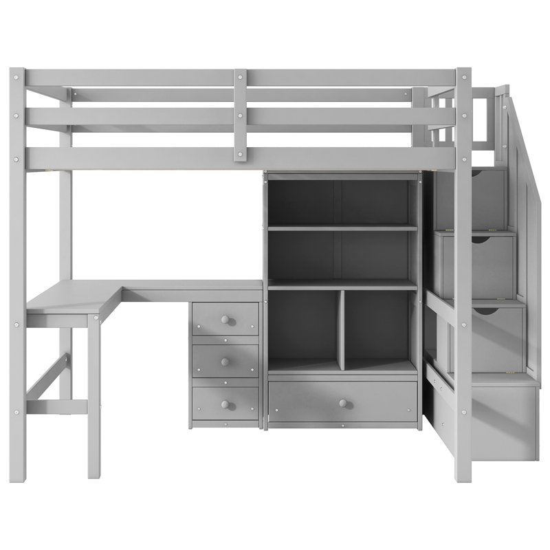 Pas besoin de lit mezzanine double Spring Box avec bureau en forme de L et tiroirs, Gris
