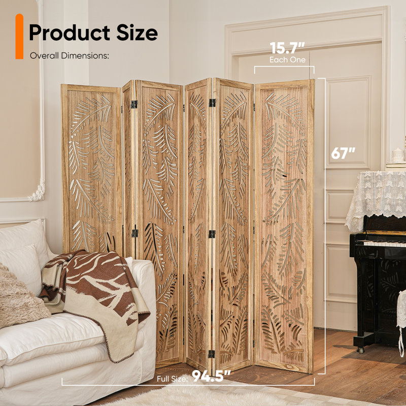  Paravent 6 panneaux en bois massif - Cloison pliante autoportante avec plume ajourée, structure en bois de paulownia naturel, sans assemblage pour le salon, la chambre à coucher, le bureau