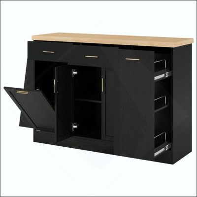 Multi-Functional Storage Sideboard, Trash Can Storage, Sliding Door Cabinet & 3-Tier Spice Rack,Kitchen Island Table For Kitchen, Dining Room