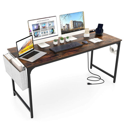 17 Stories 60" Modern Computer Desk With Charging Station With Storage Bag & Headphone Hook Borwn