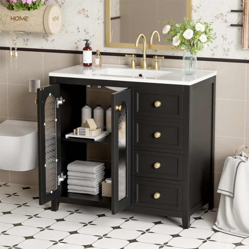36-Inch Bathroom Vanity With Soft Close Doors, Adjustable Shelves, And Three Drawers For Ultimate Storage And Style, Black