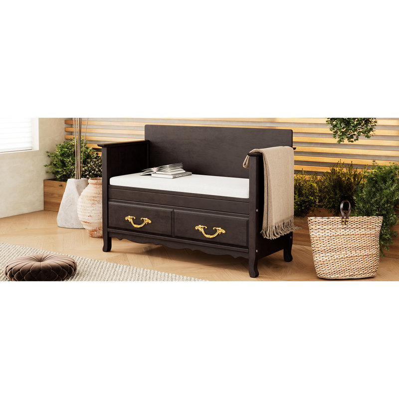 Banc à chaussures avec dossier, espace caché, poignées de style rétro, pin, armoire d'entrée à ressorts à gaz contrôlés, rangement spacieux, détails complexes, construction, lisse