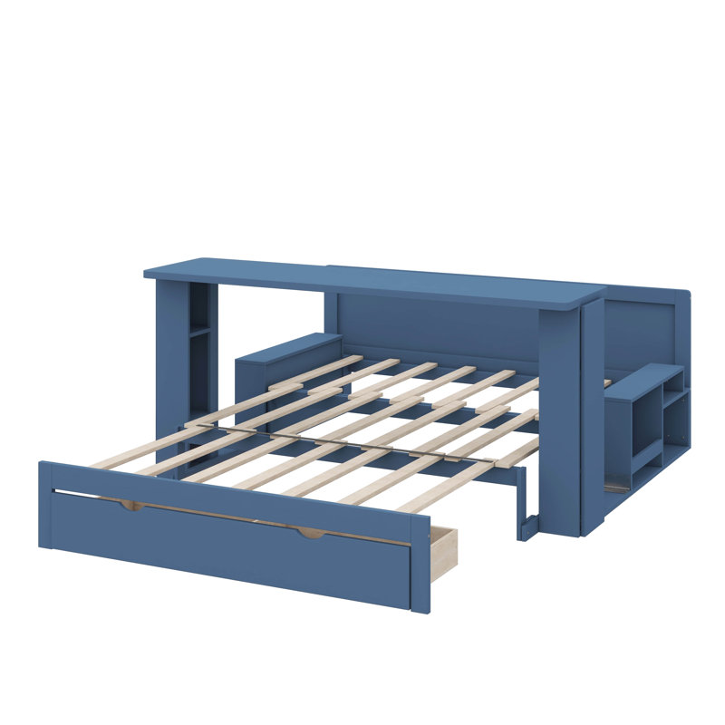Daybed In Full Size Featuring Detachable Desk, Drawers For Storage & Side Table With Hydraulic Lift, Full , Blue
