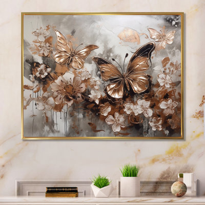 «Ryus Rose Gold Butterfly Wings And Flowers I», reproduction sur toile