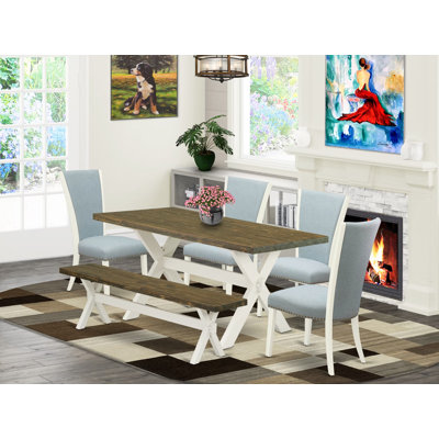 L'ensemble de table de salle à manger 6 pièces contient une table de salle à manger rectangulaire et 4 chaises Parson en tissu bleu bébé avec banc, lin blanc 