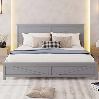 King Size Farmhouse Wood Bed Frame with Barn Door Headboard & Footboard, Pinewood Platform Bed, Grey