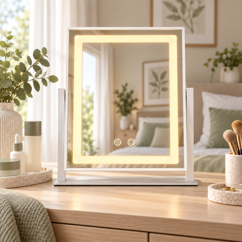 Miroir de maquillage rectangulaire lumineux avec bande DEL intégrée, 3 modes de couleur, miroir grossissant x10 et rotation à 360°